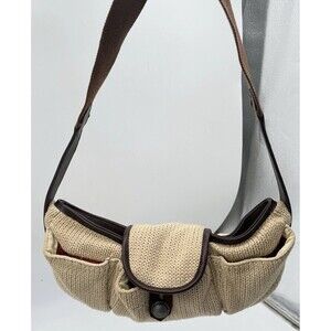 Fred Perry RARE vintage crochet canvas w/ leather trim sandy brown shoulder bag